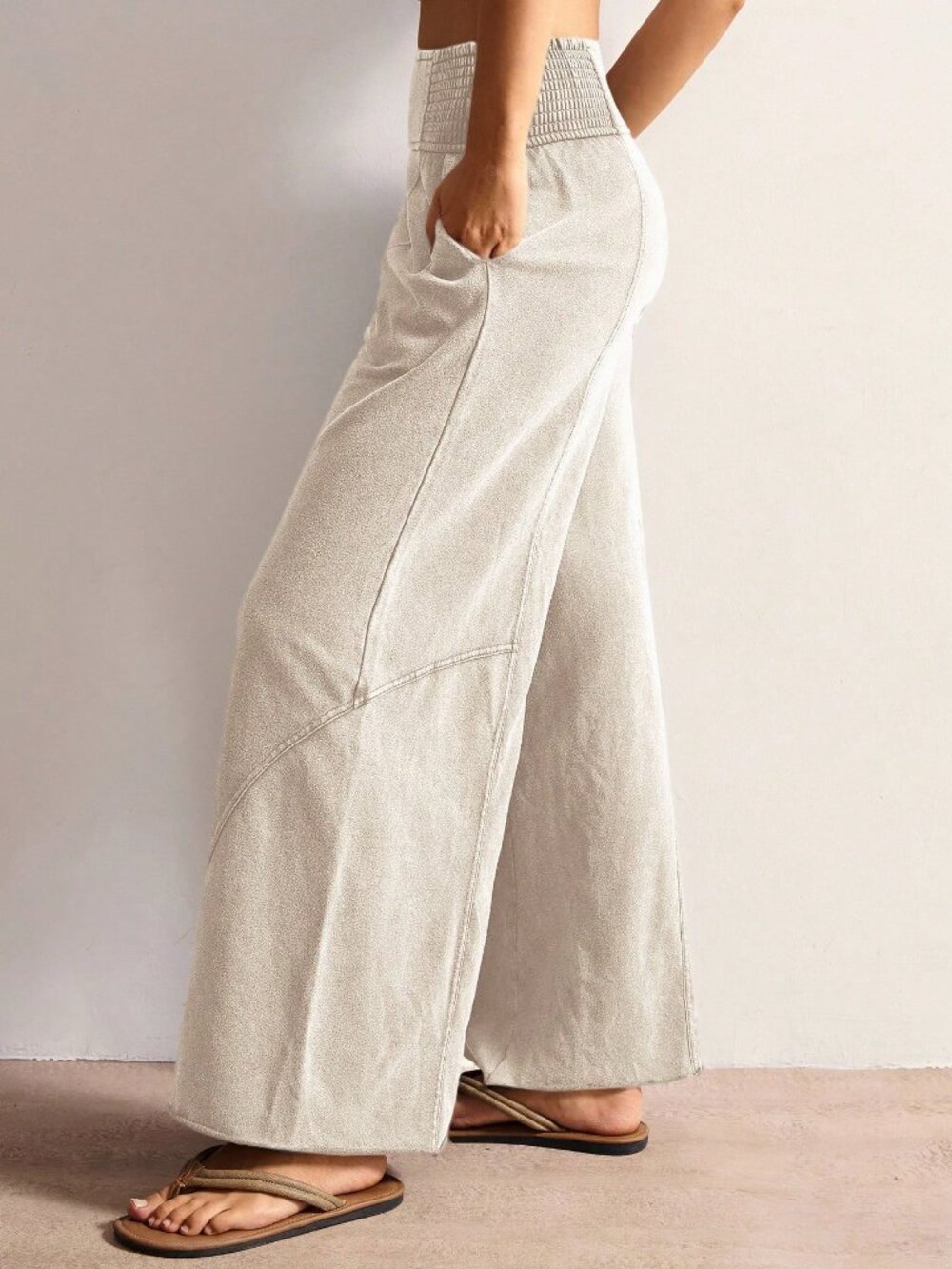 Khaki Casual Women's Knit Loose Wide-Leg Washed Smocked Waist Pants with Pockets - Picture 7 of 7